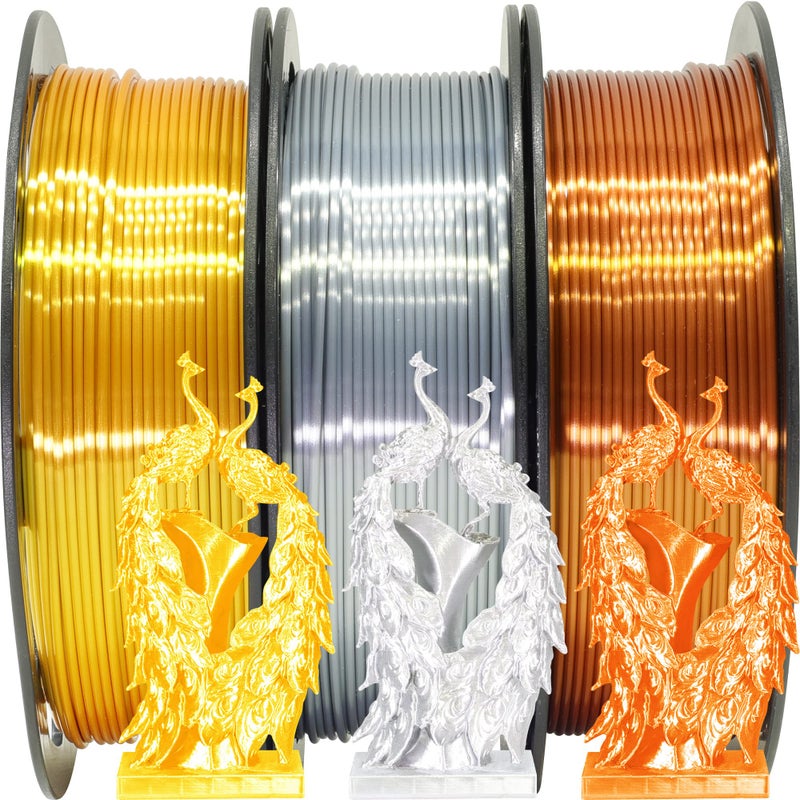 MIKA3D Shiny Silk Gold Silver Copper PLA Filament Bundle, 1.75mm 3D Printer Filament, Each Spool 0.5kg, 3 Spools Pack, with One 3D Printer Remove or Stick Tool MIKA3D - Image 1